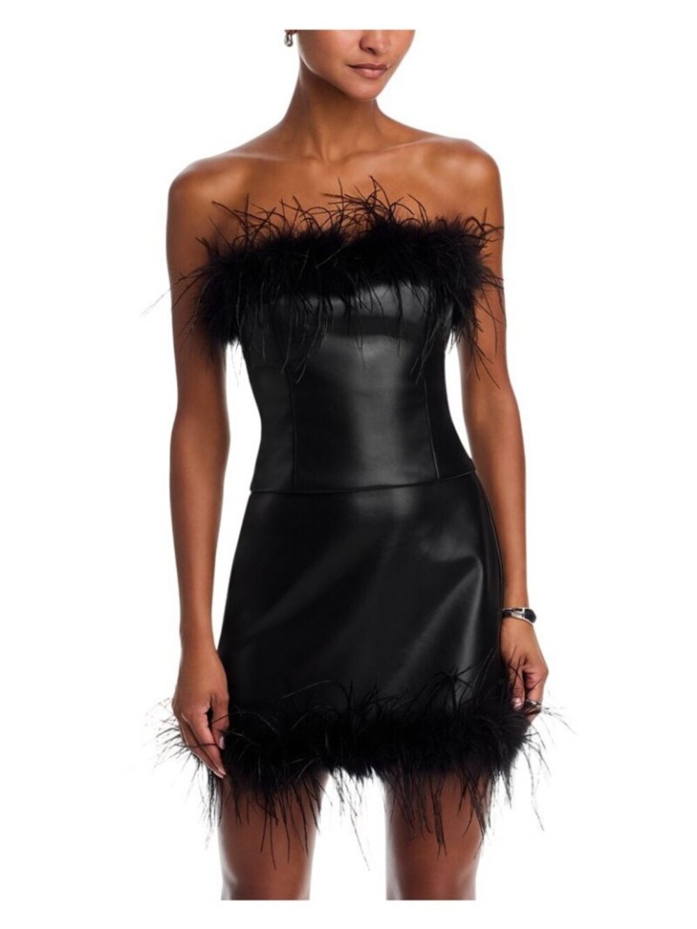 NWT Aqua Feather Trim Bandeau Faux Leather Top IBO26647 Black XS